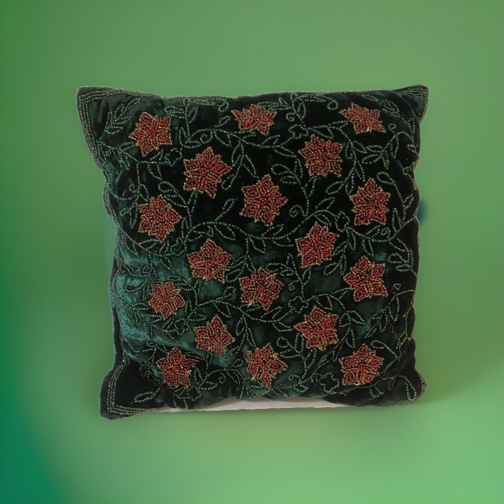Beaded Poinsettia Christmas Pillow 12"x12" Holiday Vintage‎